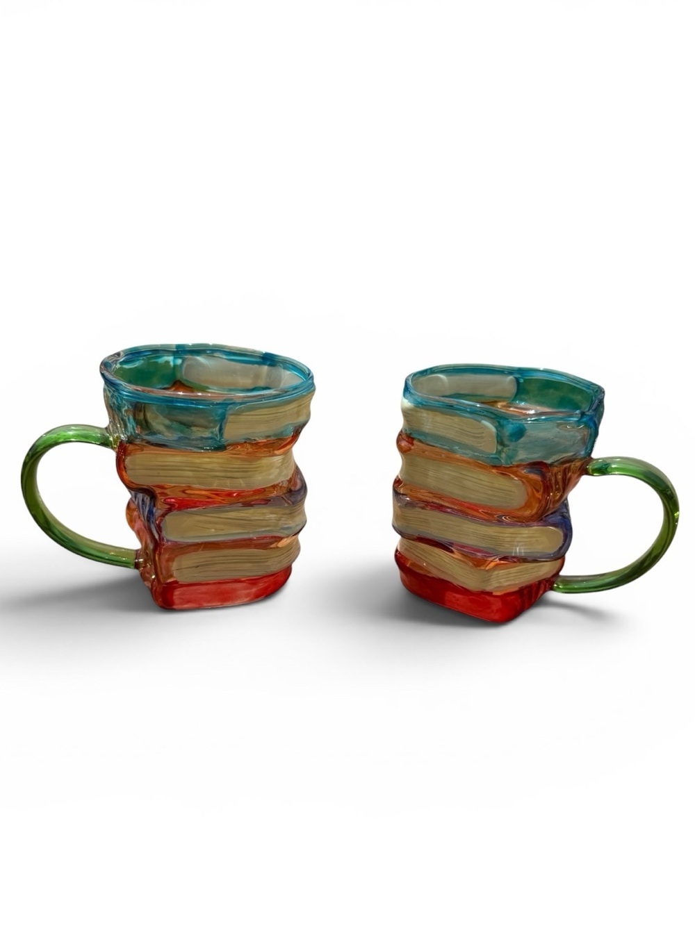 Set of 2 Hand Blown Art Glass Stacked Books Coffee Mugs Colorful Teacher Gift 4”